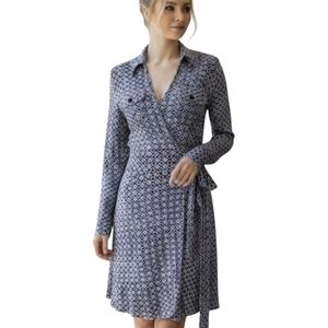 Denny Rose Wrap Dress Large Eggplant Gray Black Print